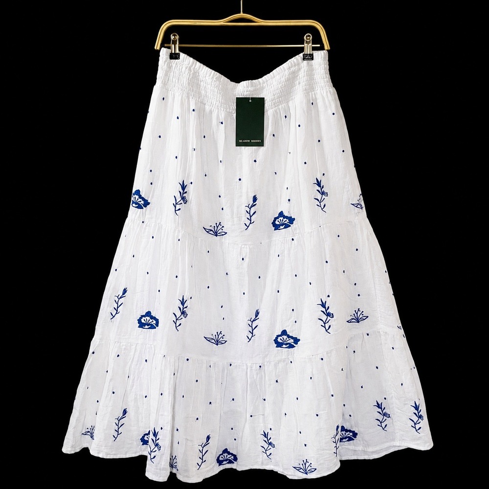 Boho Gauze Embroidered Tiered Maxi Skirt Women XL White Blue Floral Coastal NWT - Picture 2 of 9